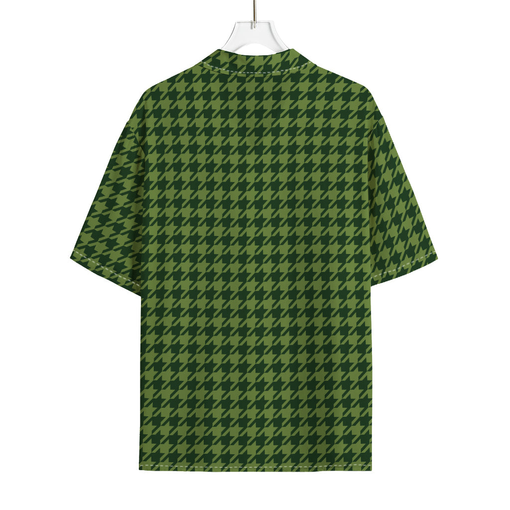 Deep Green Houndstooth Pattern Print Rayon Hawaiian Shirt