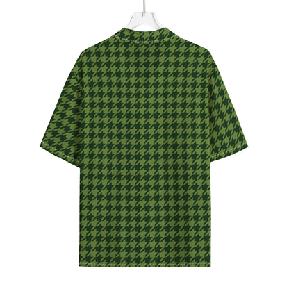 Deep Green Houndstooth Pattern Print Rayon Hawaiian Shirt