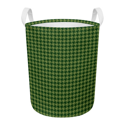 Deep Green Houndstooth Pattern Print Round Laundry Basket
