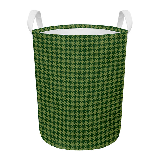 Deep Green Houndstooth Pattern Print Round Laundry Basket