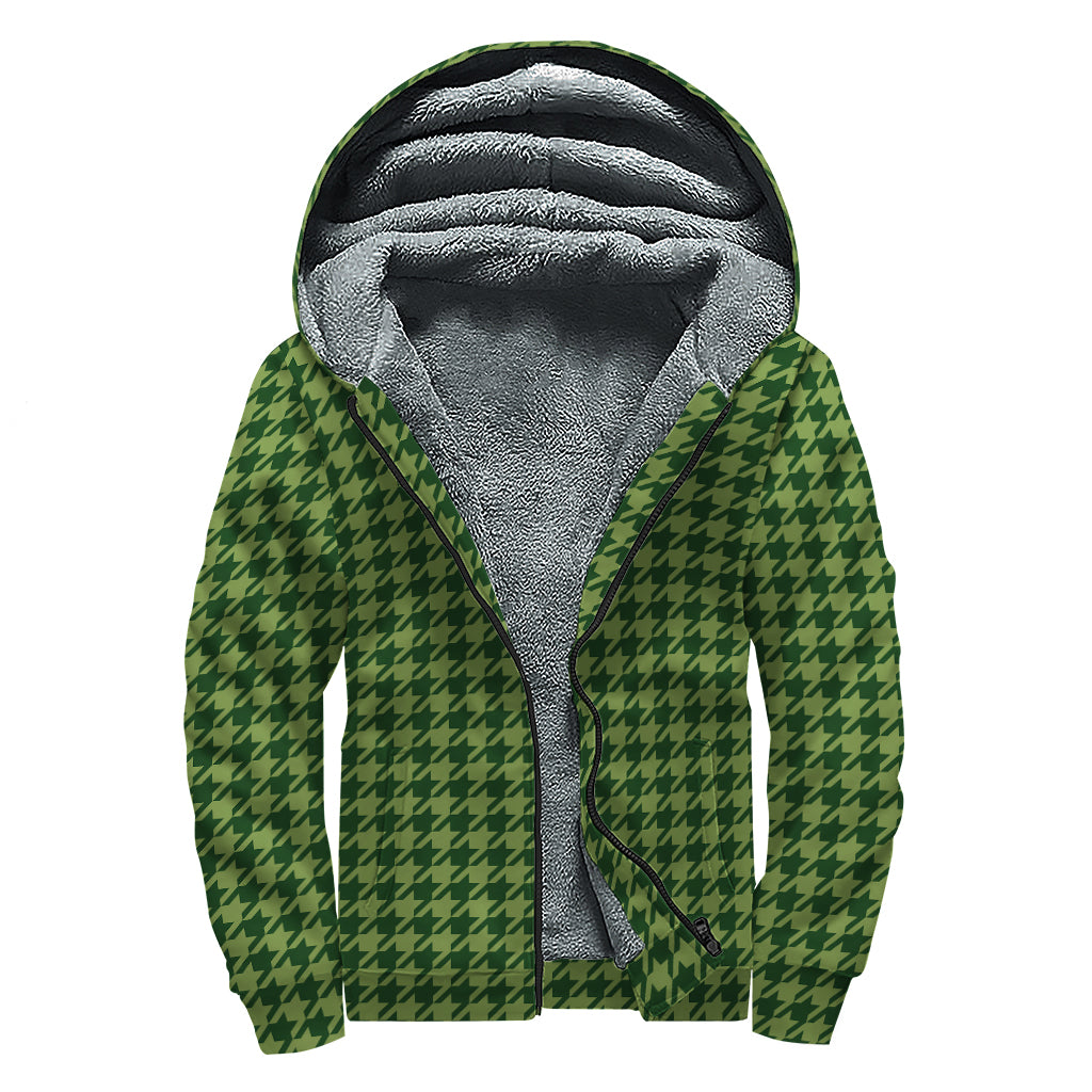 Deep Green Houndstooth Pattern Print Sherpa Lined Zip Up Hoodie
