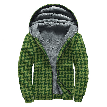 Deep Green Houndstooth Pattern Print Sherpa Lined Zip Up Hoodie