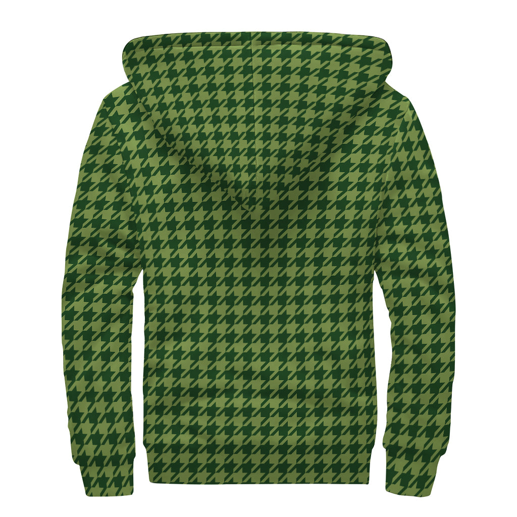 Deep Green Houndstooth Pattern Print Sherpa Lined Zip Up Hoodie