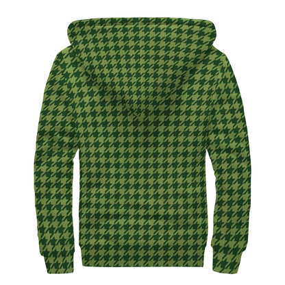Deep Green Houndstooth Pattern Print Sherpa Lined Zip Up Hoodie