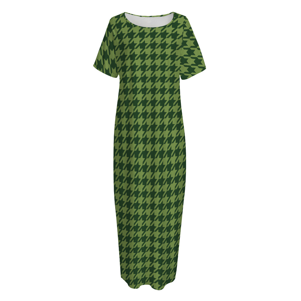 Deep Green Houndstooth Pattern Print Short Sleeve Long Nightdress