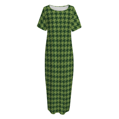 Deep Green Houndstooth Pattern Print Short Sleeve Long Nightdress