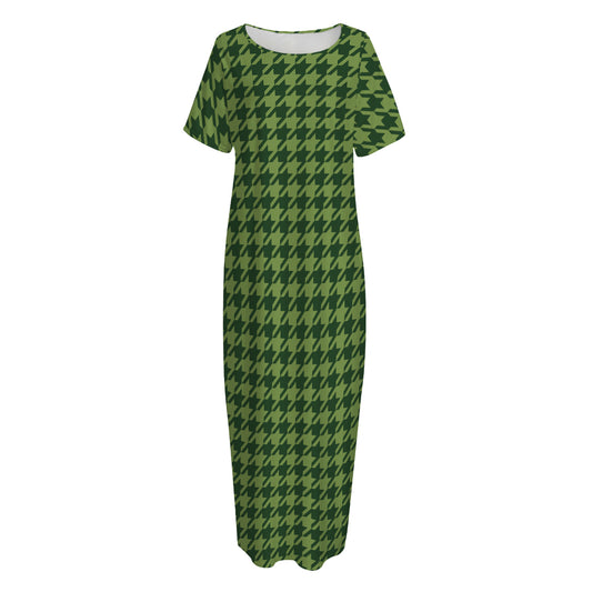 Deep Green Houndstooth Pattern Print Short Sleeve Long Nightdress