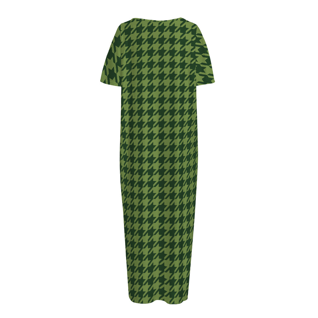 Deep Green Houndstooth Pattern Print Short Sleeve Long Nightdress