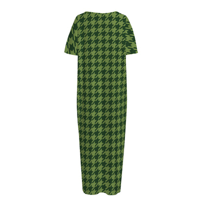 Deep Green Houndstooth Pattern Print Short Sleeve Long Nightdress