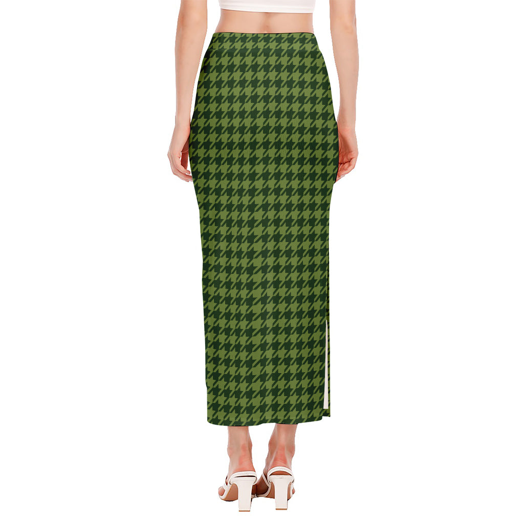 Deep Green Houndstooth Pattern Print Side Slit Maxi Skirt