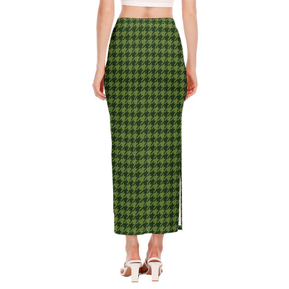 Deep Green Houndstooth Pattern Print Side Slit Maxi Skirt