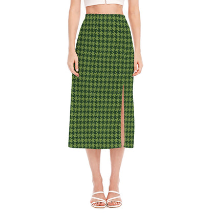 Deep Green Houndstooth Pattern Print Side Slit Midi Skirt
