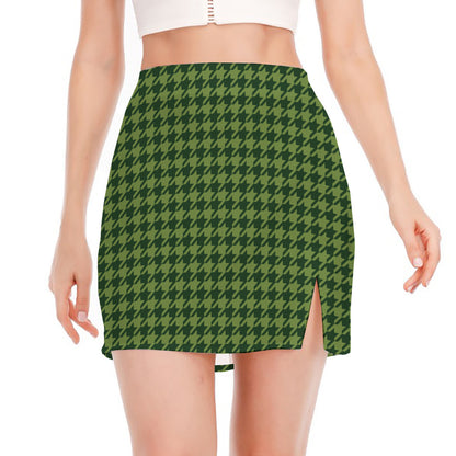 Deep Green Houndstooth Pattern Print Side Slit Mini Skirt
