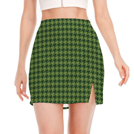 Deep Green Houndstooth Pattern Print Side Slit Mini Skirt