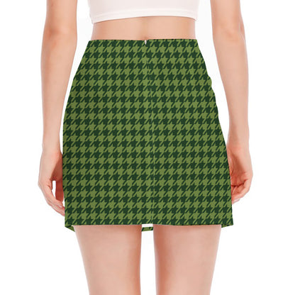Deep Green Houndstooth Pattern Print Side Slit Mini Skirt