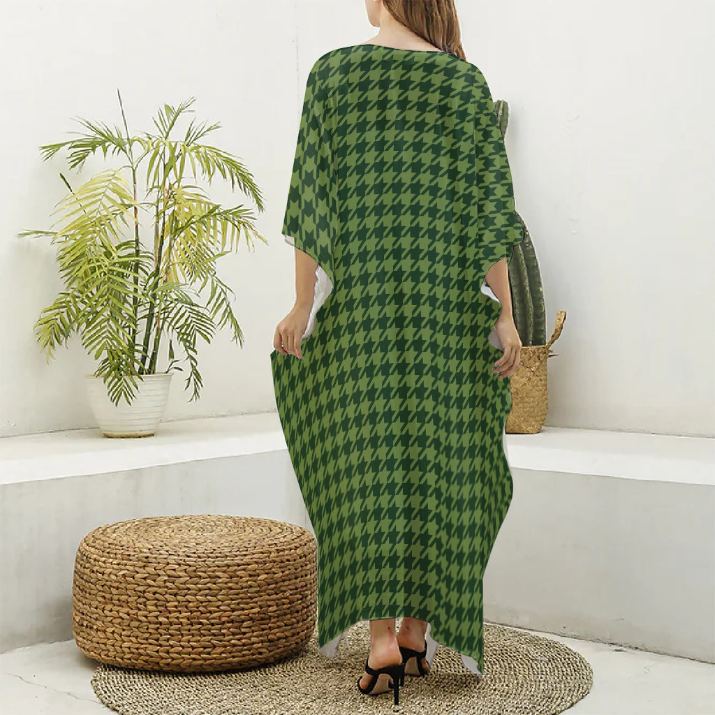 Deep Green Houndstooth Pattern Print Silk V-Neck Kaftan Dress