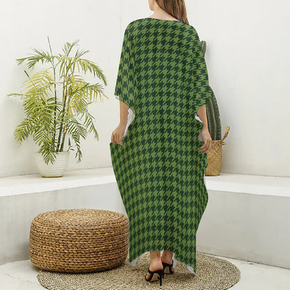 Deep Green Houndstooth Pattern Print Silk V-Neck Kaftan Dress