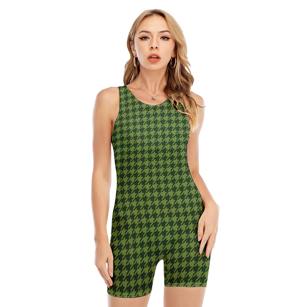 Deep Green Houndstooth Pattern Print Sleeveless One Piece Swimsuit