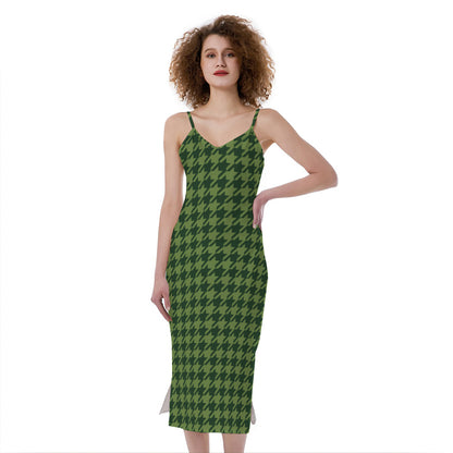 Deep Green Houndstooth Pattern Print Slim Fit Midi Cami Dress