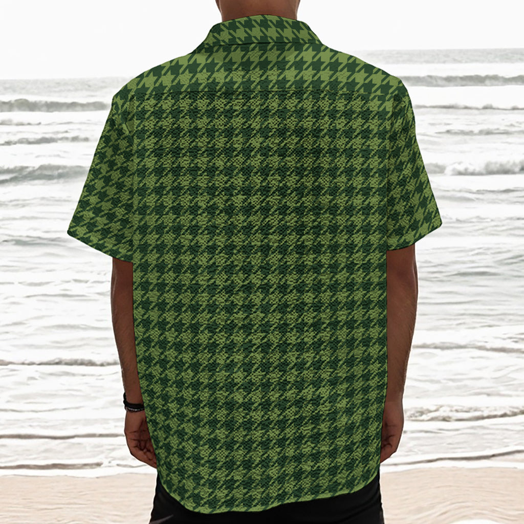 Deep Green Houndstooth Pattern Print Textured Short Sleeve Shirt