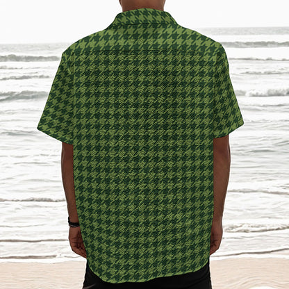 Deep Green Houndstooth Pattern Print Textured Short Sleeve Shirt
