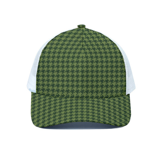 Deep Green Houndstooth Pattern Print White Mesh Trucker Cap