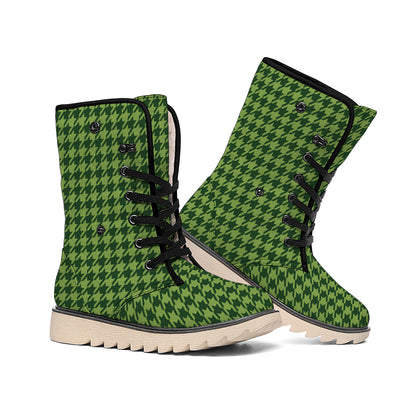 Deep Green Houndstooth Pattern Print Winter Boots