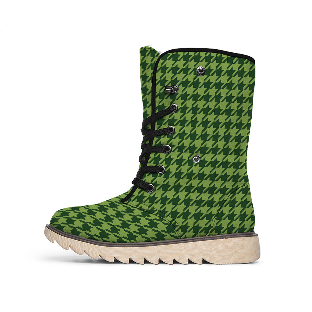 Deep Green Houndstooth Pattern Print Winter Boots