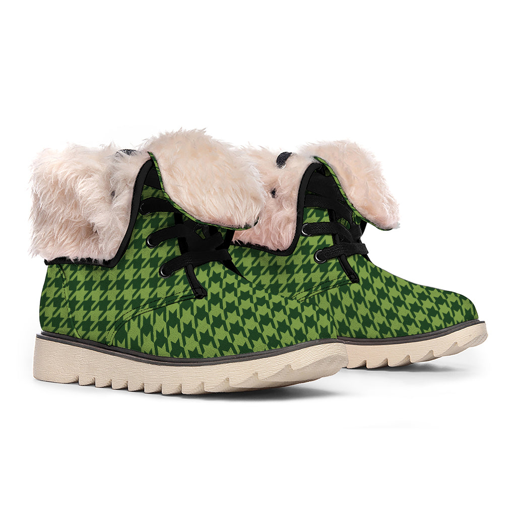 Deep Green Houndstooth Pattern Print Winter Boots