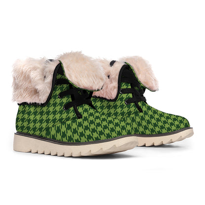 Deep Green Houndstooth Pattern Print Winter Boots