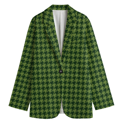 Deep Green Houndstooth Pattern Print Women's Blazer