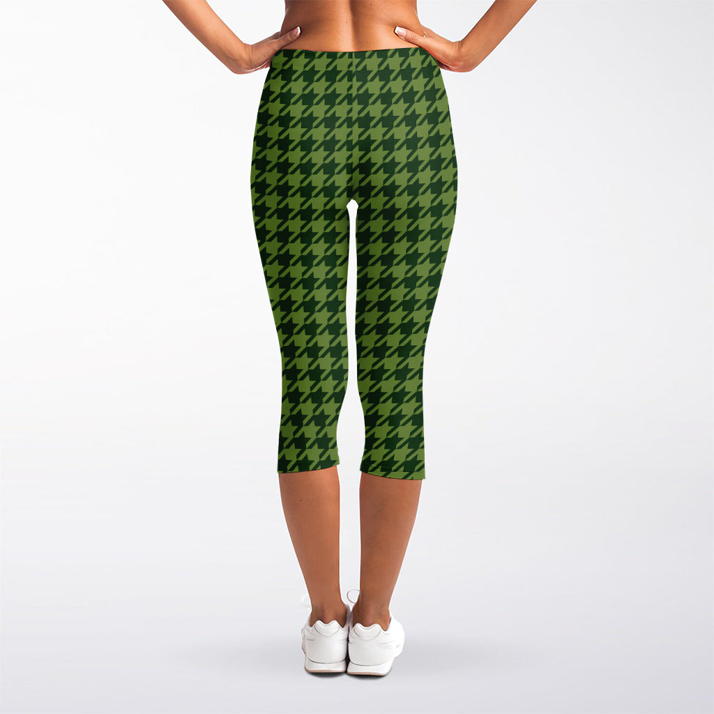 Deep Green Houndstooth Pattern Print Women's Capri Leggings