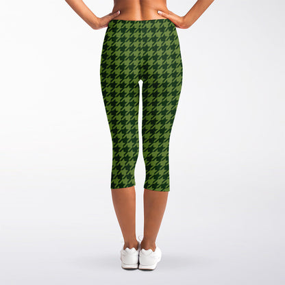 Deep Green Houndstooth Pattern Print Women's Capri Leggings