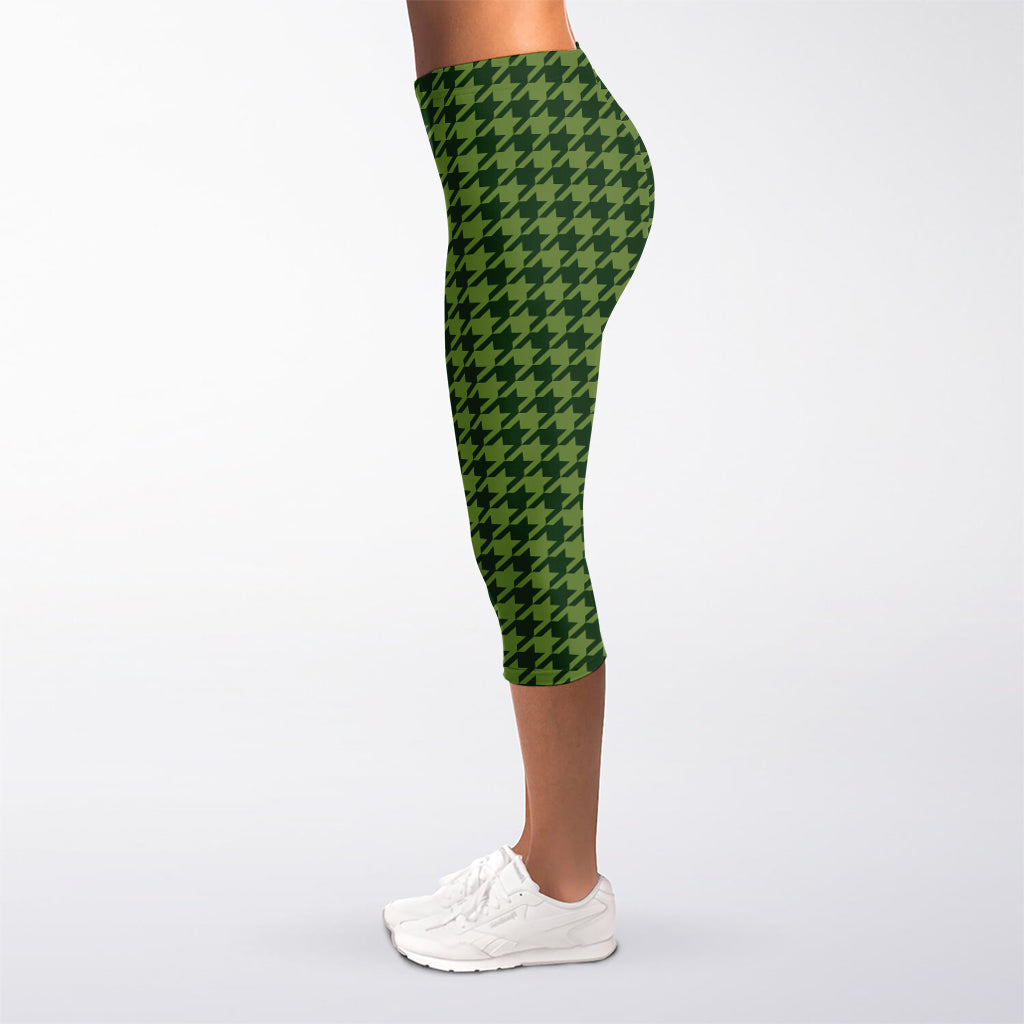 Deep Green Houndstooth Pattern Print Women's Capri Leggings