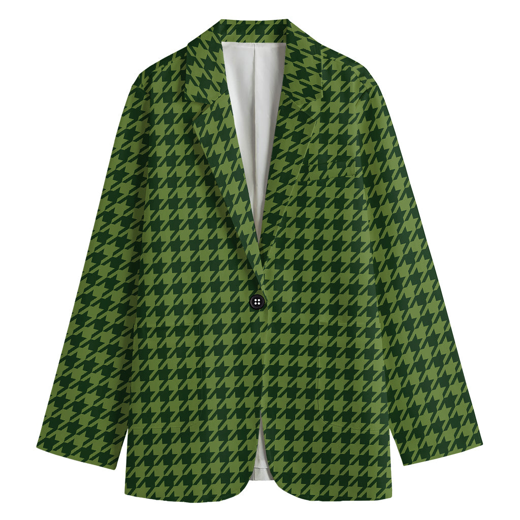 Deep Green Houndstooth Pattern Print Women's Cotton Blazer