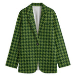 Deep Green Houndstooth Pattern Print Women's Cotton Blazer