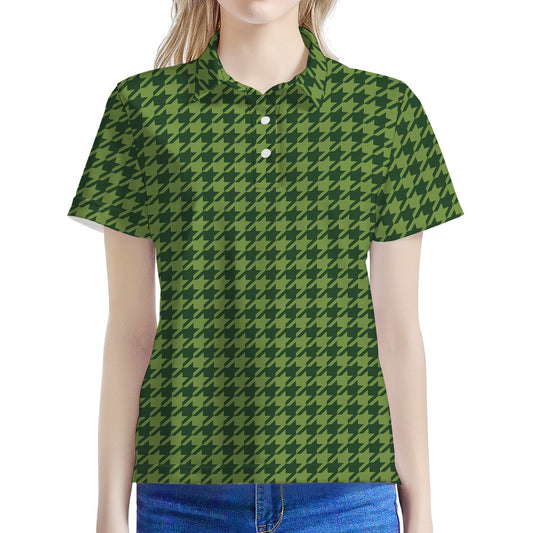 Deep Green Houndstooth Pattern Print Women's Polo Shirt