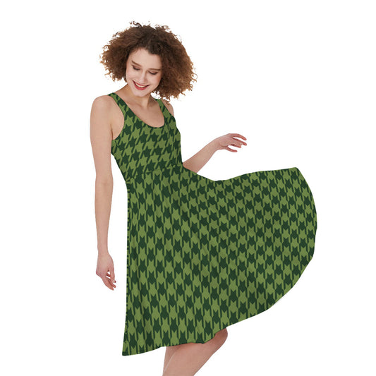 Deep Green Houndstooth Pattern Print Women's Sleeveless Dress