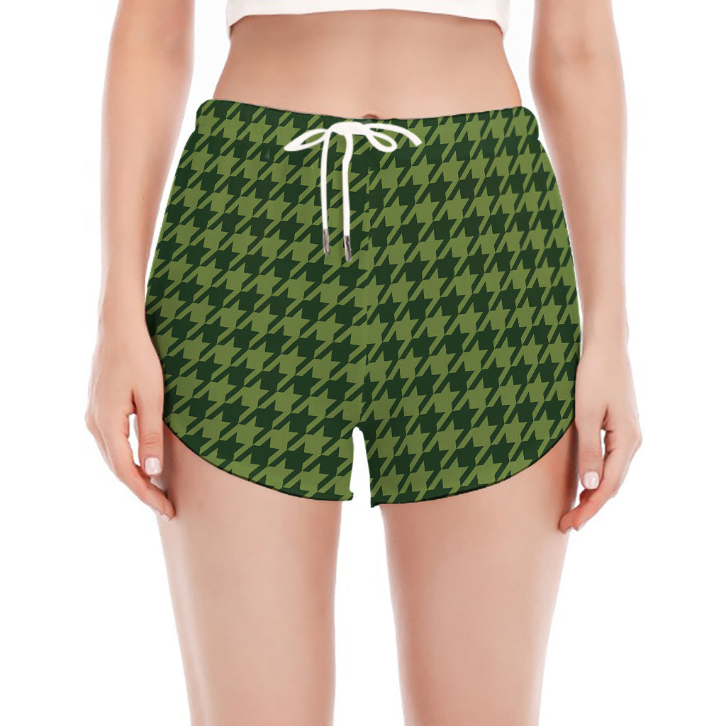 Deep Green Houndstooth Pattern Print Women's Split Running Shorts