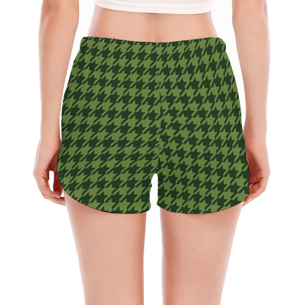 Deep Green Houndstooth Pattern Print Women's Split Running Shorts