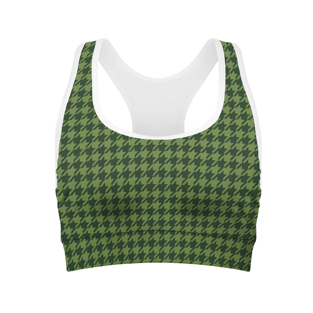 Deep Green Houndstooth Pattern Print Women's Sports Bra