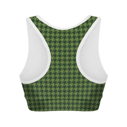 Deep Green Houndstooth Pattern Print Women's Sports Bra