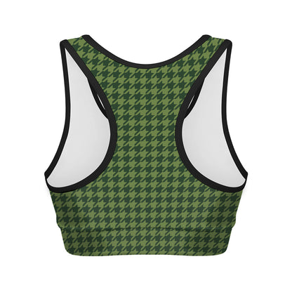 Deep Green Houndstooth Pattern Print Women's Sports Bra