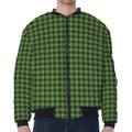 Deep Green Houndstooth Pattern Print Zip Sleeve Bomber Jacket