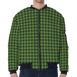 Deep Green Houndstooth Pattern Print Zip Sleeve Bomber Jacket