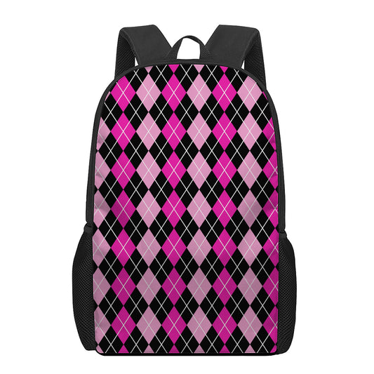 Deep Pink And Black Argyle Pattern Print 17 Inch Backpack