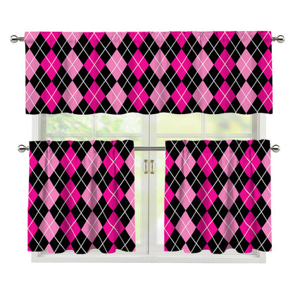 Deep Pink And Black Argyle Pattern Print 3 Piece Kitchen Curtains