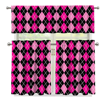 Deep Pink And Black Argyle Pattern Print 3 Piece Kitchen Curtains