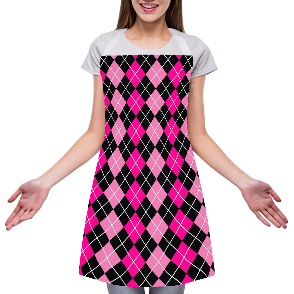 Deep Pink And Black Argyle Pattern Print Adjustable Apron