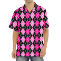 Deep Pink And Black Argyle Pattern Print Aloha Shirt